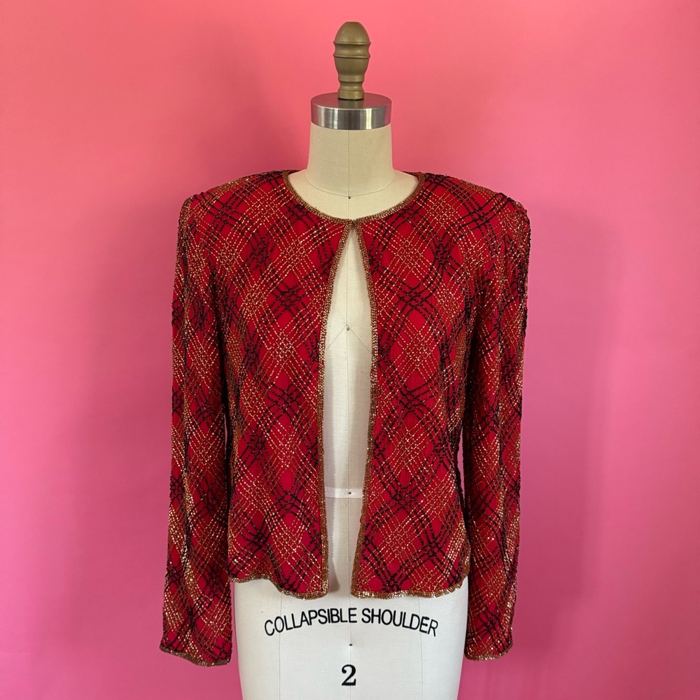 Vintage 80s/90s SILK Statement Cherry Red Embellished Plaid Cardigan S
